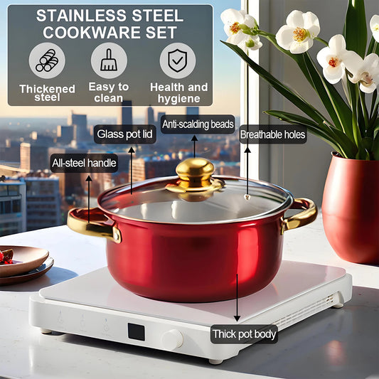 Red Cookware Set, 12-Piece, Stainless Steel, Non-Stick, Kitchen Cookware Collection
