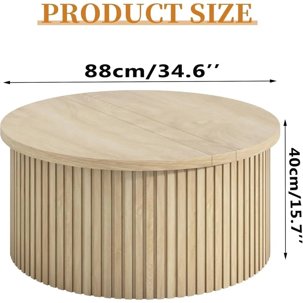 Round Coffee Table, 34.6" Farmhouse Fluted and Storage