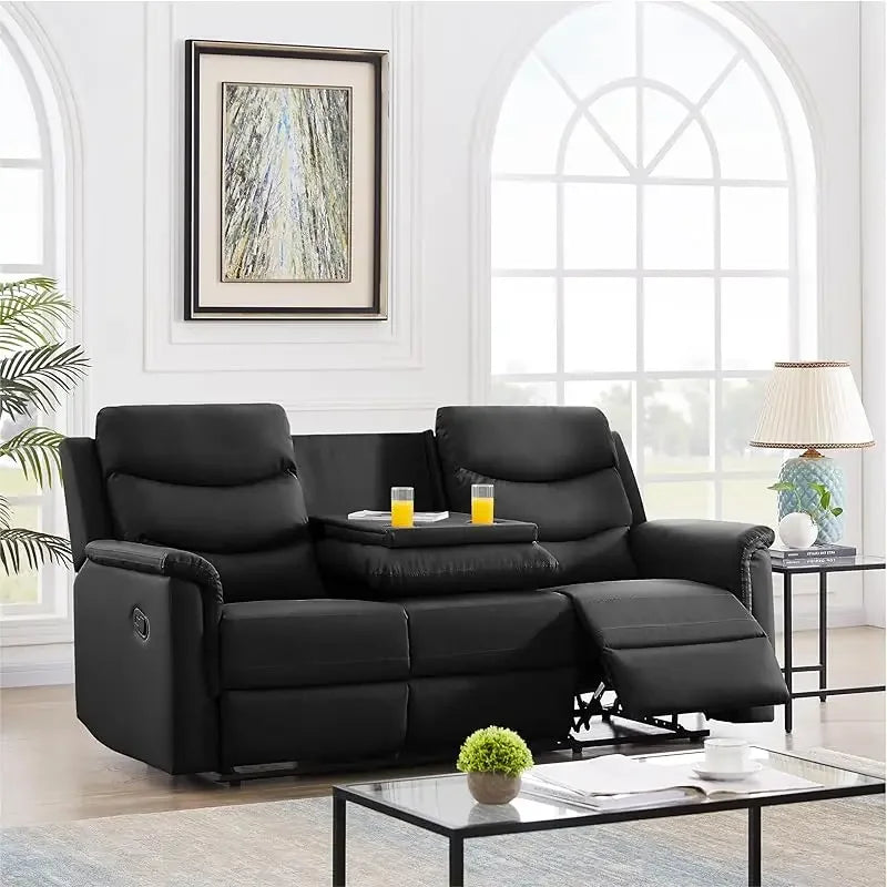 77" Comfy Living Room Sofa Set W/2 recliners, 3 Seater Leather adjustable