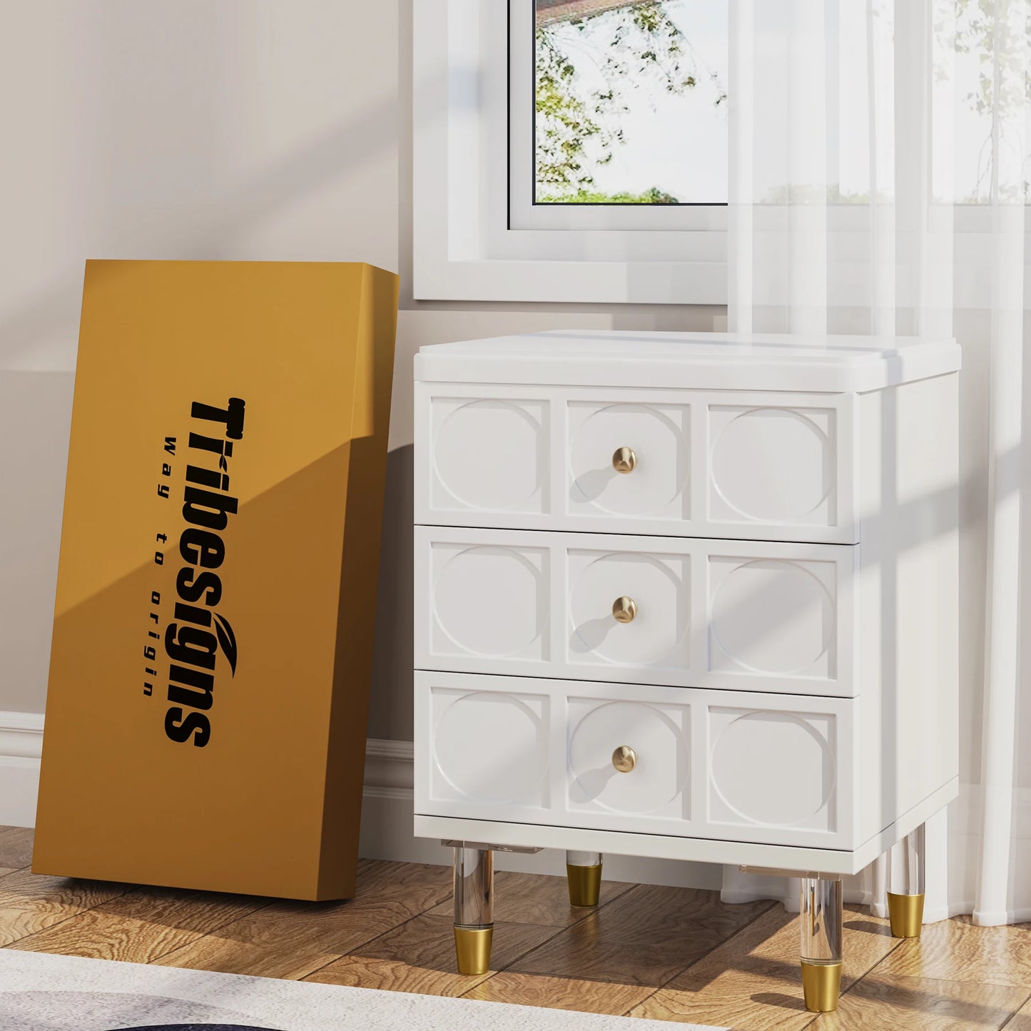 3 Drawer Nightstand Tall White and Gold W/Storage