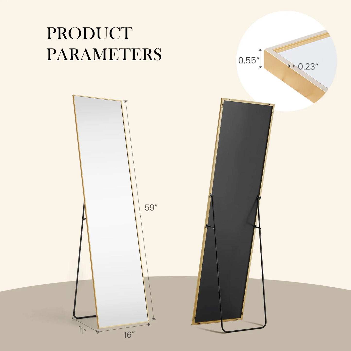 Full Body Mirror, Standing, Wall Hanging with Stand, 59" x 16"/ 64" x 21"