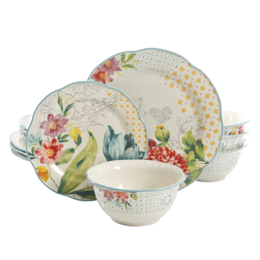 Blooming Bouquet 12 pc Dinnerware Set Stoneware Plates Bowls, Dishwasher Safe