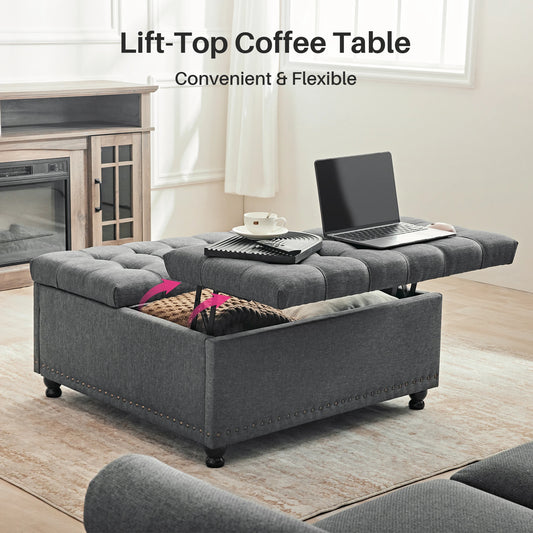 35" Large Square Storage Ottoman Bench, Upholstered Coffee Table, Lift Top Storage