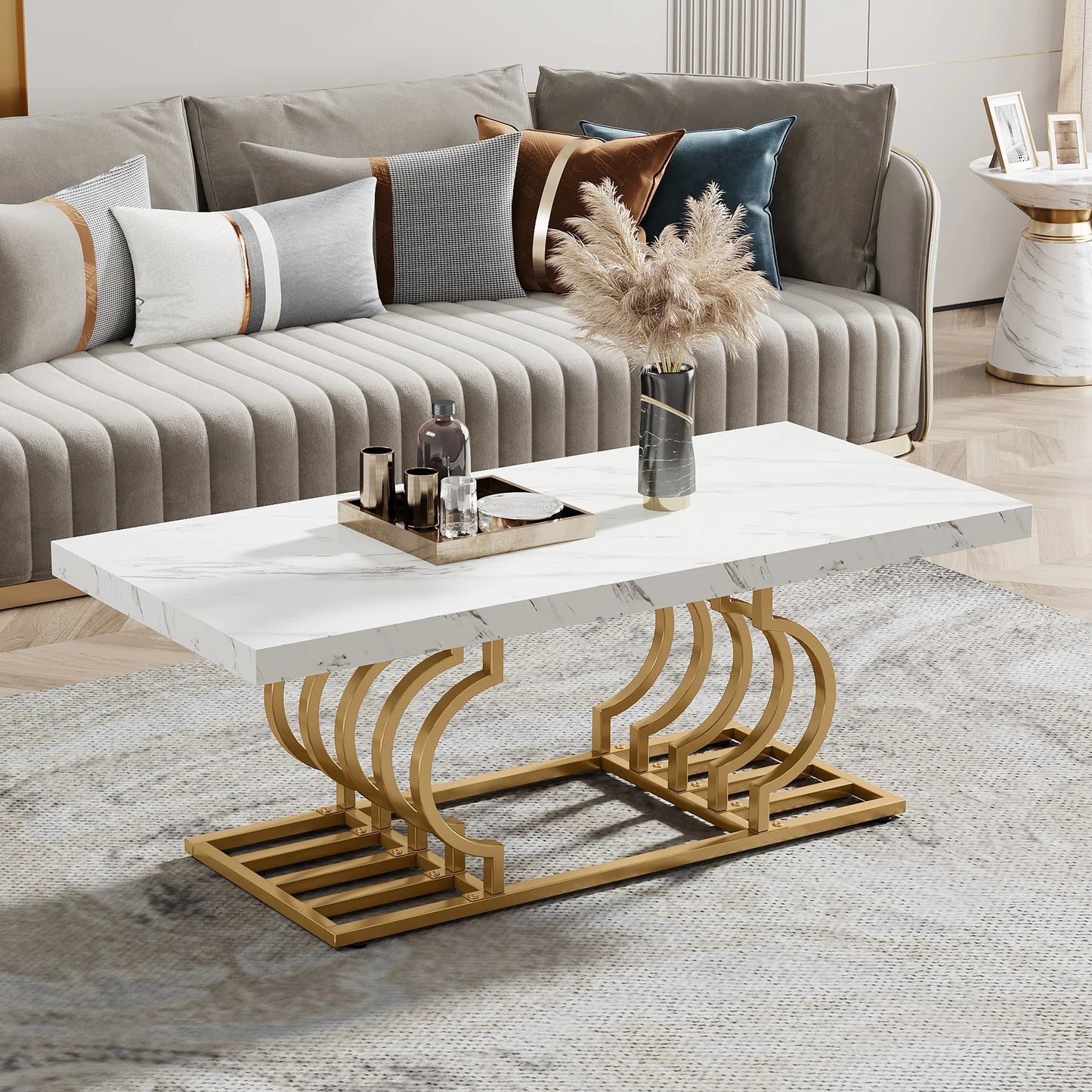 Modern Rectangle Coffee Table, 47.24", 2 Tier Faux Marble Wood