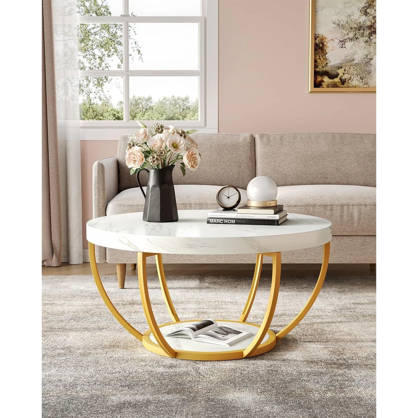 Round Coffee Table, 32" for Living Room, 2 Tier Table W/Open Storage Design