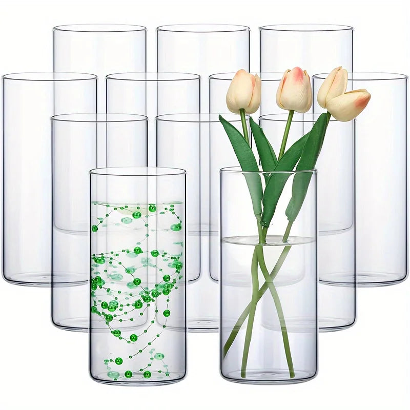 Glass Cylinder Vase Set, Clear Floating Candle Holder and Flowers