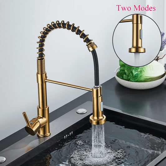 Brushed Gold Kitchen Sink Faucet Spring Pull-down Hot Cold Mixer