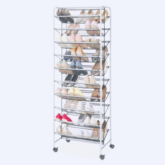 10 Tier 60-Pair Metal and Mesh Rolling Shoe Rack, Home Shoe Storage
