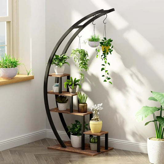 2 Pcs 5-Tier Metal Plant Stand, Half Moon Shape, Tall Garden Plant Holder
