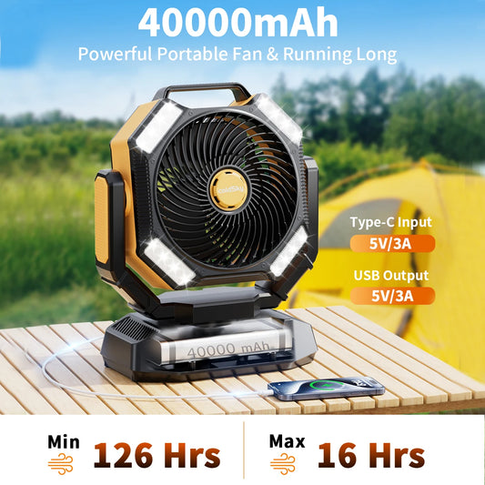 40000mAh Camping Fan, Battery operated fan with 4 LED Light, 8 Speed, Remote Portable Rechargeable Outdoor