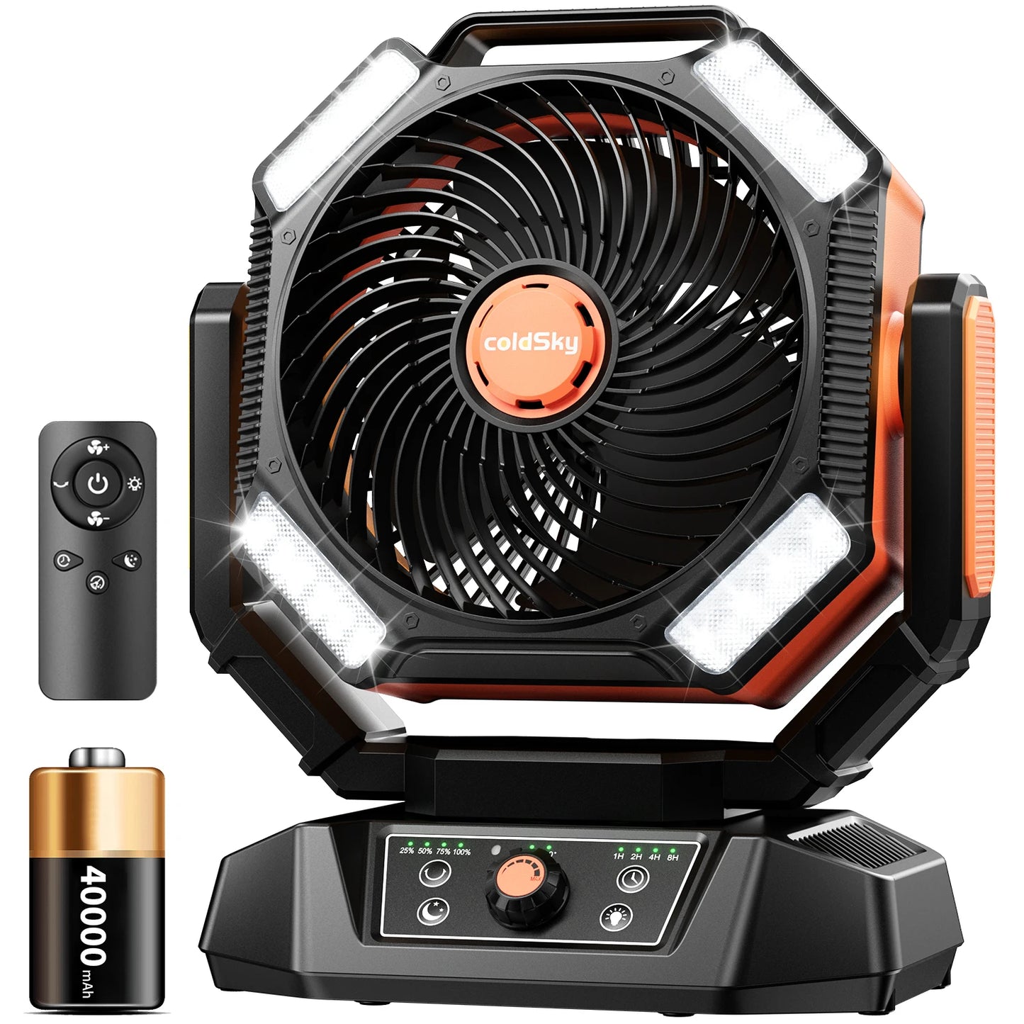 40000mAh Camping Fan, Battery operated fan with 4 LED Light, 8 Speed, Remote Portable Rechargeable Outdoor