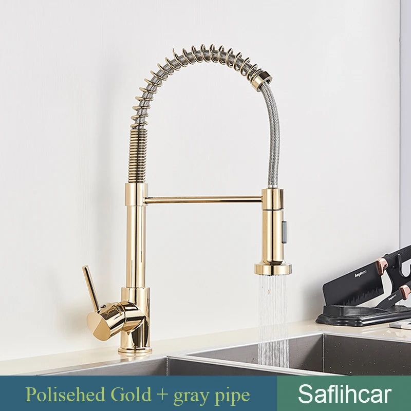 Brushed Gold Kitchen Sink Faucet Spring Pull-down Hot Cold Mixer