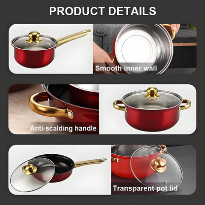 Red Cookware Set, 12-Piece, Stainless Steel, Non-Stick, Kitchen Cookware Collection