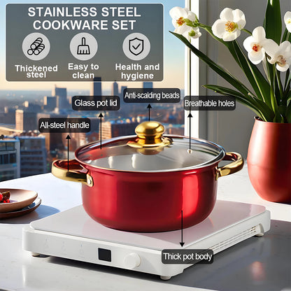 Red Cookware Set, 12-Piece, Stainless Steel, Non-Stick, Kitchen Cookware Collection
