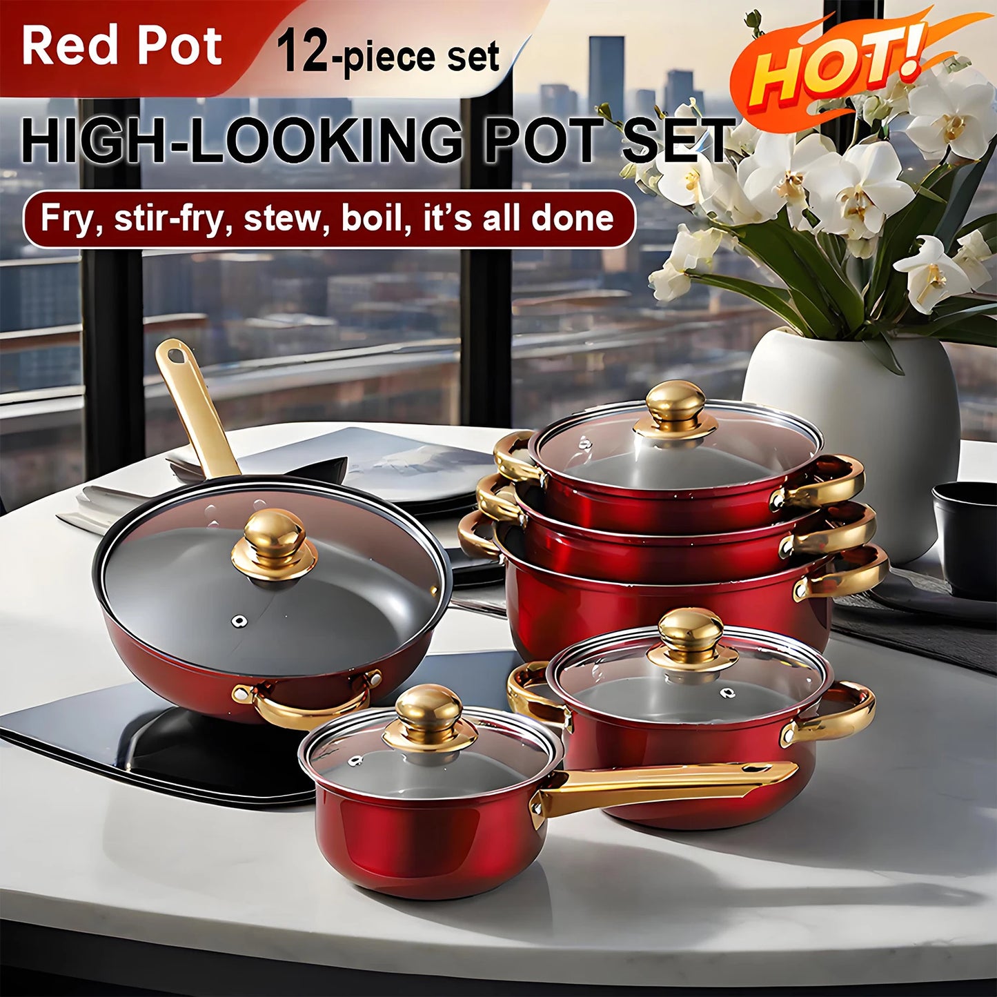 Red Cookware Set, 12-Piece, Stainless Steel, Non-Stick, Kitchen Cookware Collection