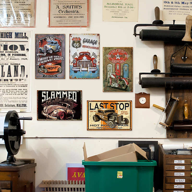 Vintage American Garage Metal Tin Sign Set-5 pcs, 8 x 12" Iron Art