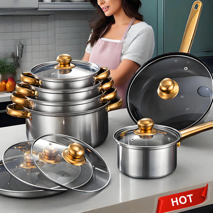 Red Cookware Set, 12-Piece, Stainless Steel, Non-Stick, Kitchen Cookware Collection