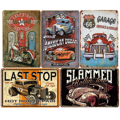 Vintage American Garage Metal Tin Sign Set-5 pcs, 8 x 12" Iron Art