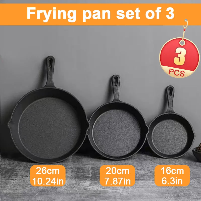 3 piece cast iron cookware set, 6"  8"  10" Frying pans