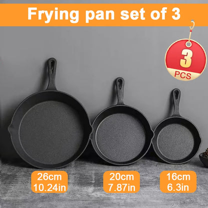 3 piece cast iron cookware set, 6"  8"  10" Frying pans