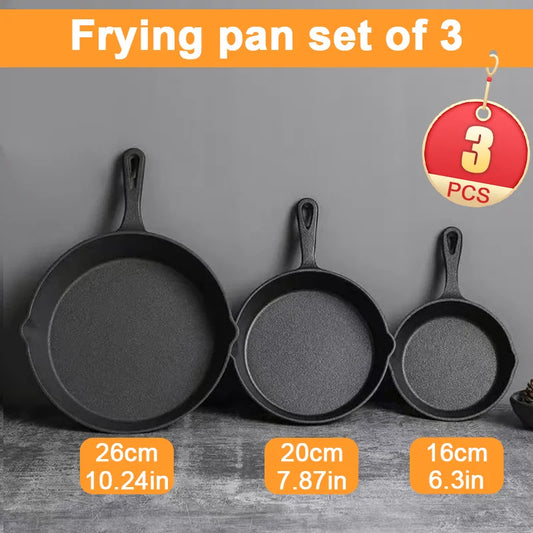 3 piece cast iron cookware set, 6"  8"  10" Frying pans