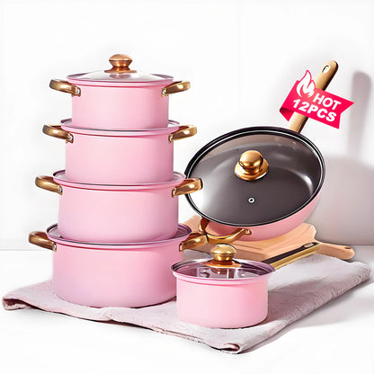 Red Cookware Set, 12-Piece, Stainless Steel, Non-Stick, Kitchen Cookware Collection