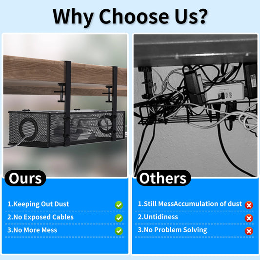 Under Desk Box Tray, White, 1 Pack-Wire Management & Cord Organizer, Clamp Mount