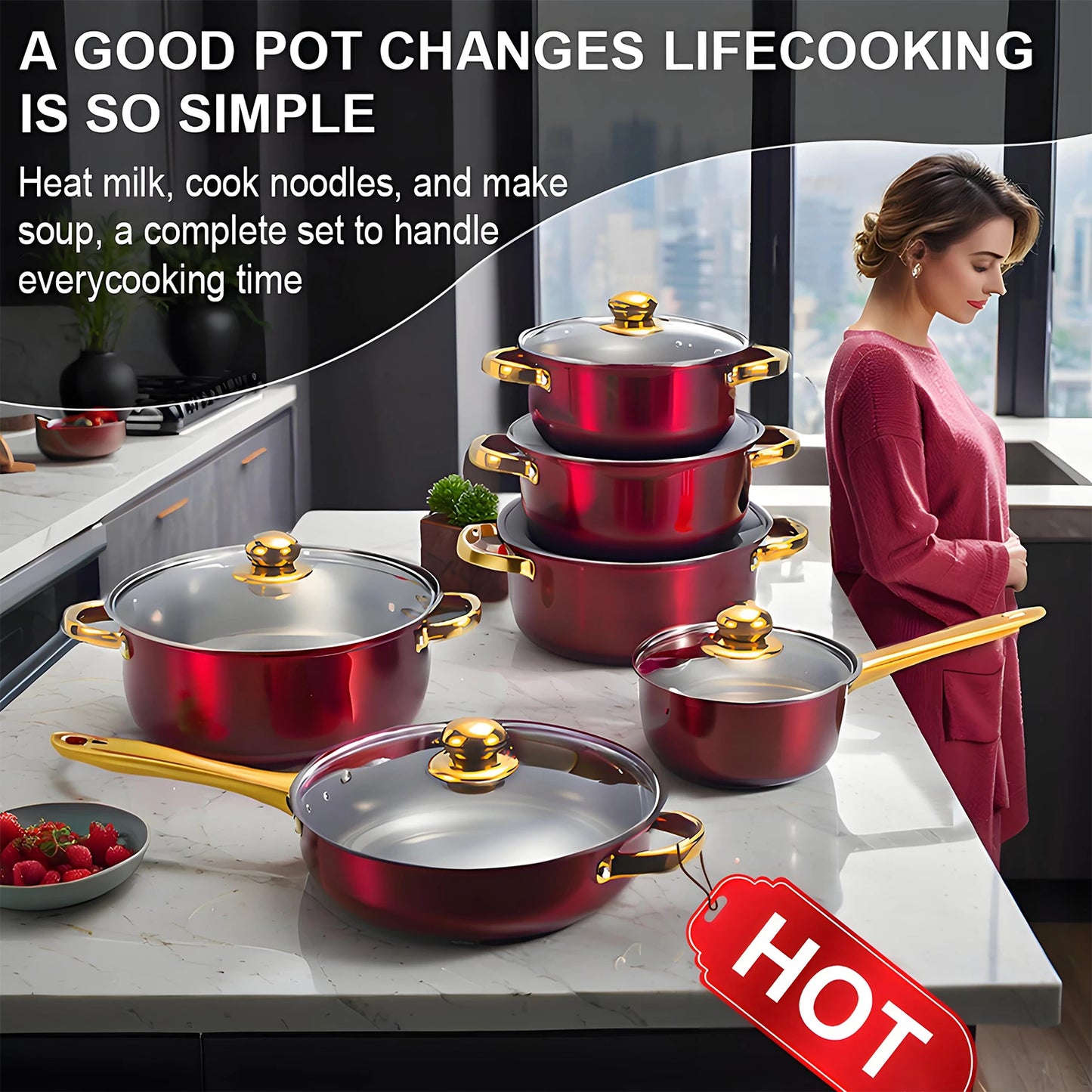 Red Cookware Set, 12-Piece, Stainless Steel, Non-Stick, Kitchen Cookware Collection