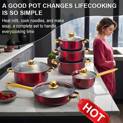 Red Cookware Set, 12-Piece, Stainless Steel, Non-Stick, Kitchen Cookware Collection