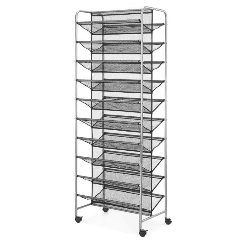 10 Tier 60-Pair Metal and Mesh Rolling Shoe Rack, Home Shoe Storage