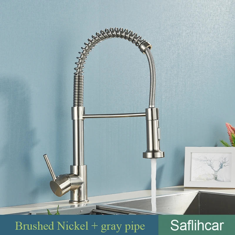Brushed Gold Kitchen Sink Faucet Spring Pull-down Hot Cold Mixer