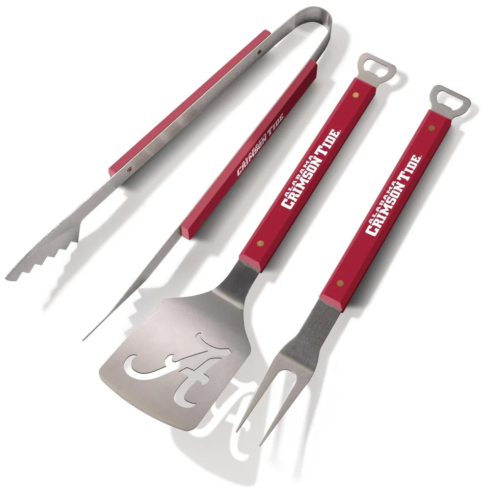 Official NCAA BBQ Tool Set 3 pc including Sportula Tongs, Fork Heavy Duty Stainless Steel Integrated Bottle Opener