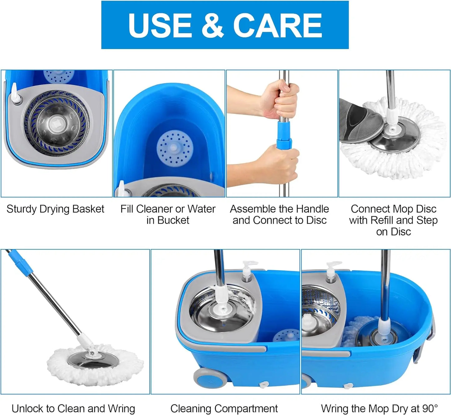 Blue Spin Mop Bucket Sets 360 degree, Spinning Cleaning Tools W/3 Replacement Heads