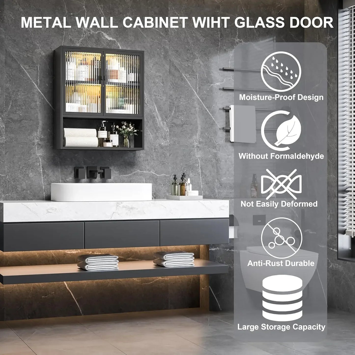 Bathroom Cabinet Wall Mount, Metal w/Glass Doors, LED Light