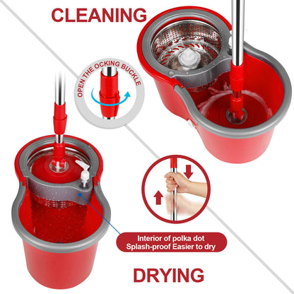 Spin Mop Bucket System W/Wringer Set, 3 pcs Mop Heads, Extendable Pole
