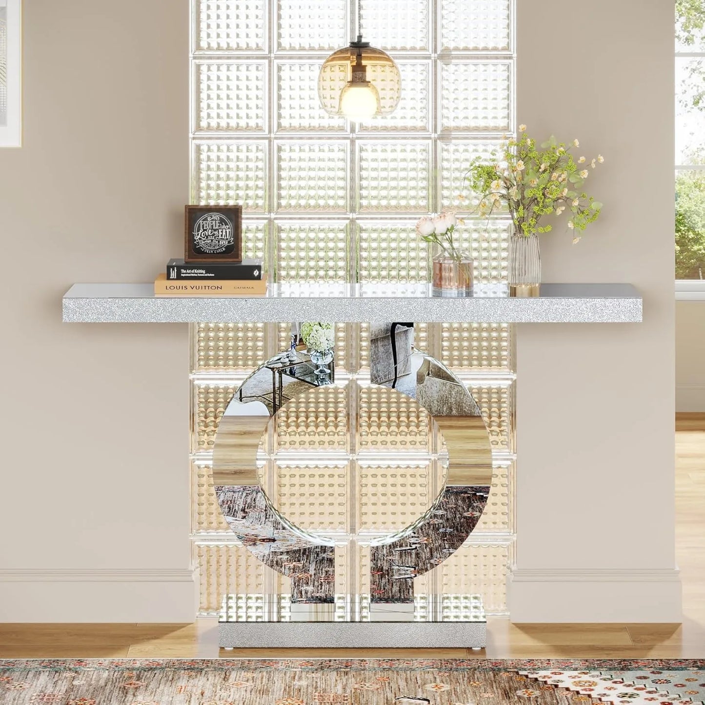 Mirrored Console Table w/O-Shaped Base