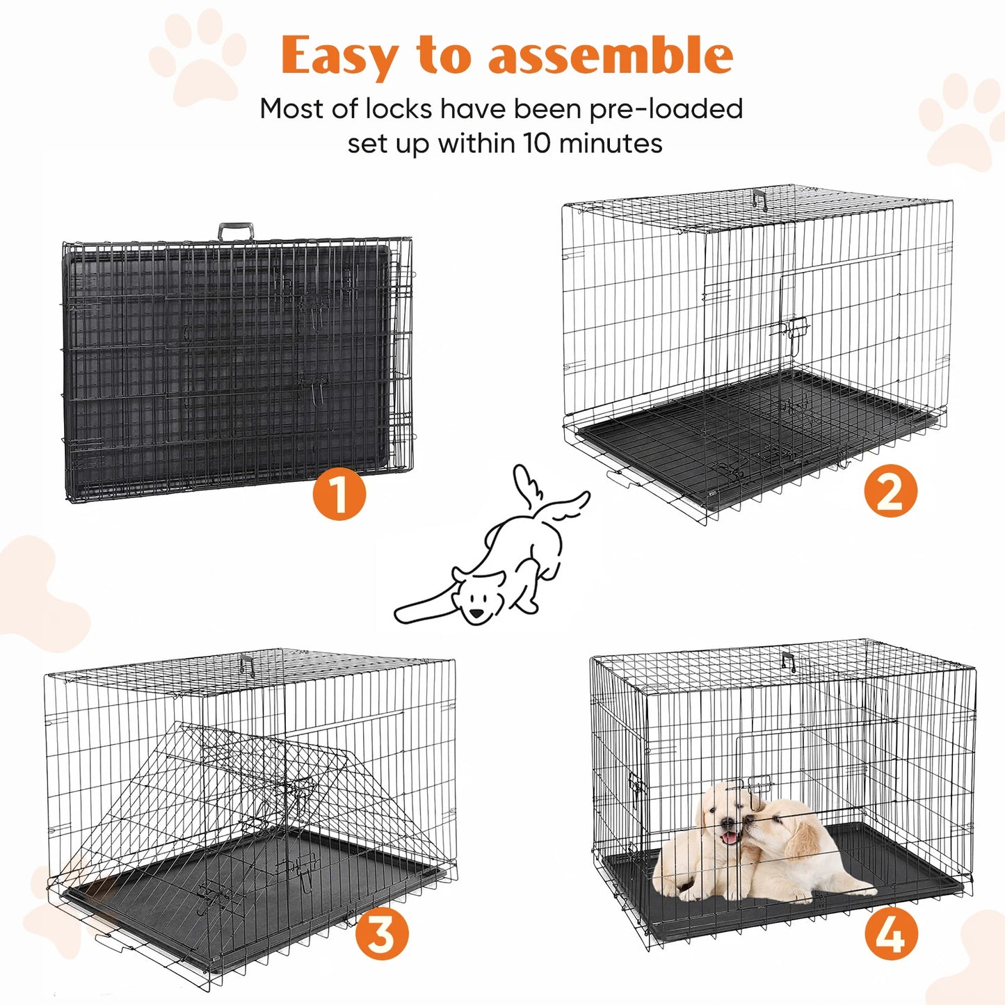 Double Door Folding Metal Wire Dog Case W/Plastic Leak-Proof Tray. Extra Large Pet Kennel for indoor-Outdoor, Travel