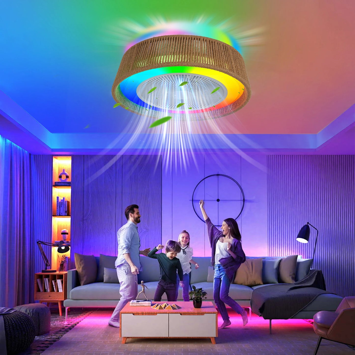 Modern Rustic Ceiling Fan, Light W/LED RGB Mood lighting