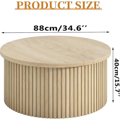 Round Coffee Table, 34.6"  Farmhouse Fluted and Storage