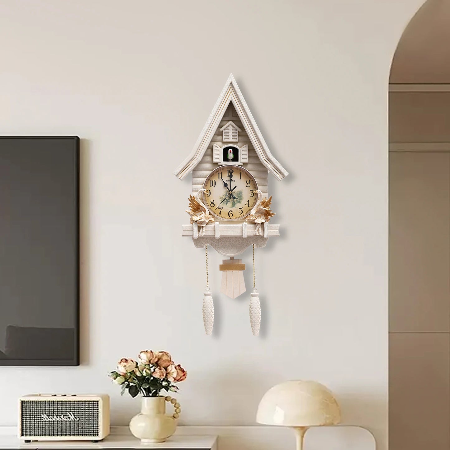 Antique White Cuckoo Wall Clock 12.8 x 4.33 x 27.2"