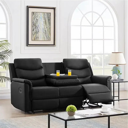 77" Comfy Living Room Sofa Set W/2 recliners, 3 Seater Leather adjustable