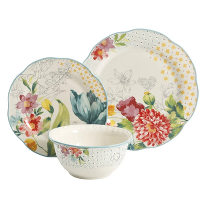 Blooming Bouquet 12 pc Dinnerware Set Stoneware Plates Bowls, Dishwasher Safe