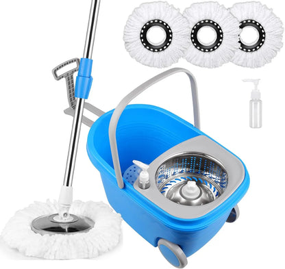 Blue Spin Mop Bucket Sets 360 degree, Spinning Cleaning Tools W/3 Replacement Heads