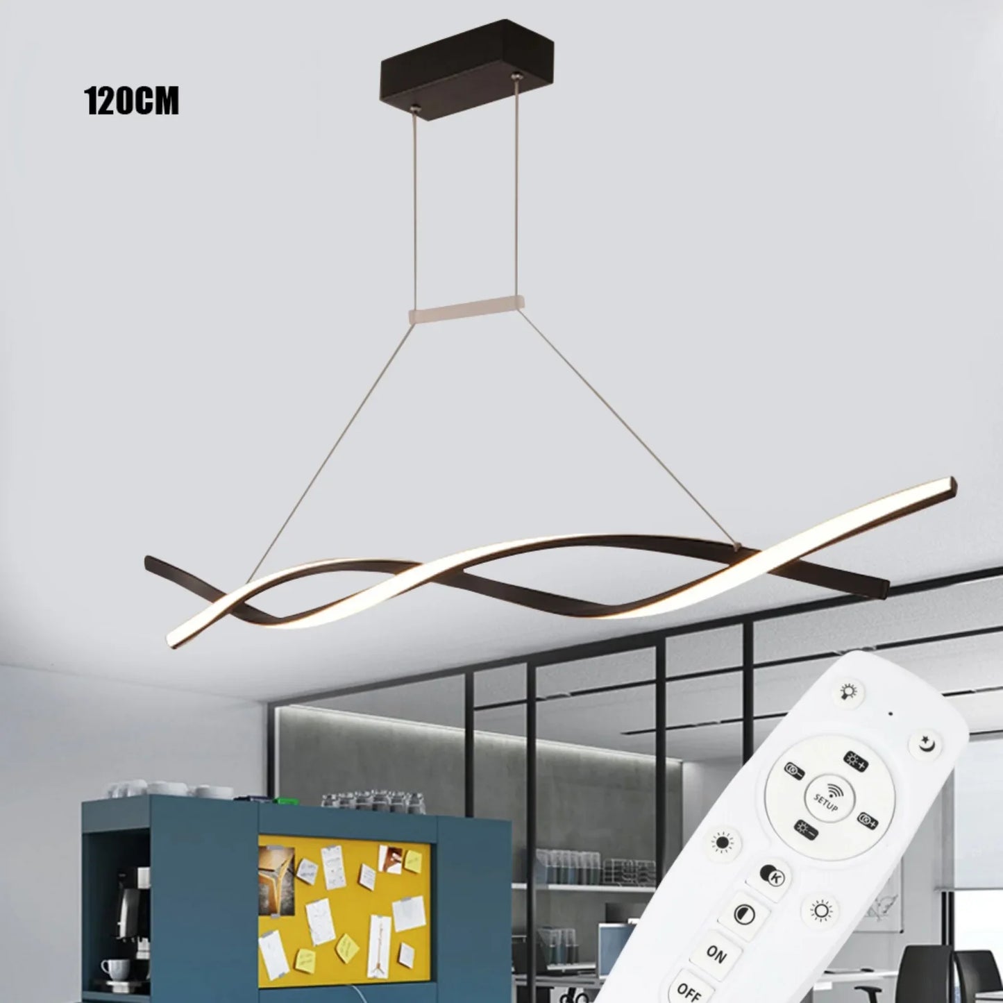Modern Black Pendant Light for Dining Room, Remote Control Dimmable LED CeilingLight Fixture, 46W 110V Adjustable Height 1.2m