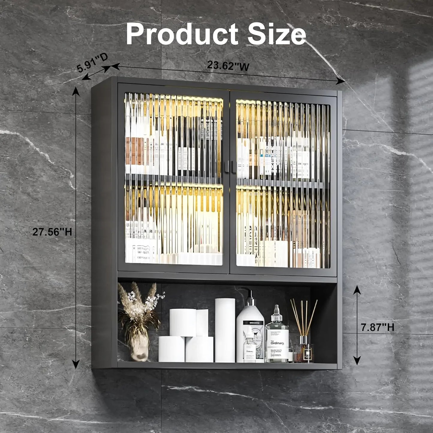 Bathroom Cabinet Wall Mount, Metal w/Glass Doors, LED Light