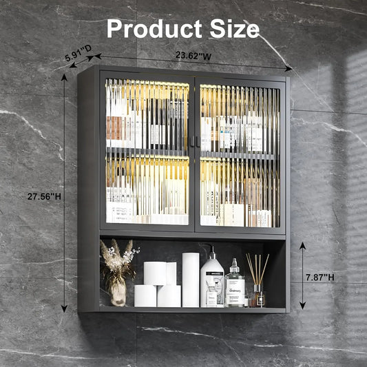 Bathroom Cabinet Wall Mount, Metal w/Glass Doors, LED Light