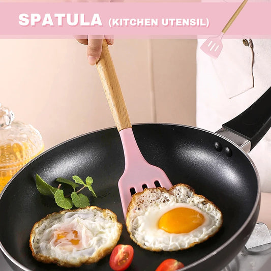 Kitchen Utensils, Silicone and Wooden Handles  12 Pieces