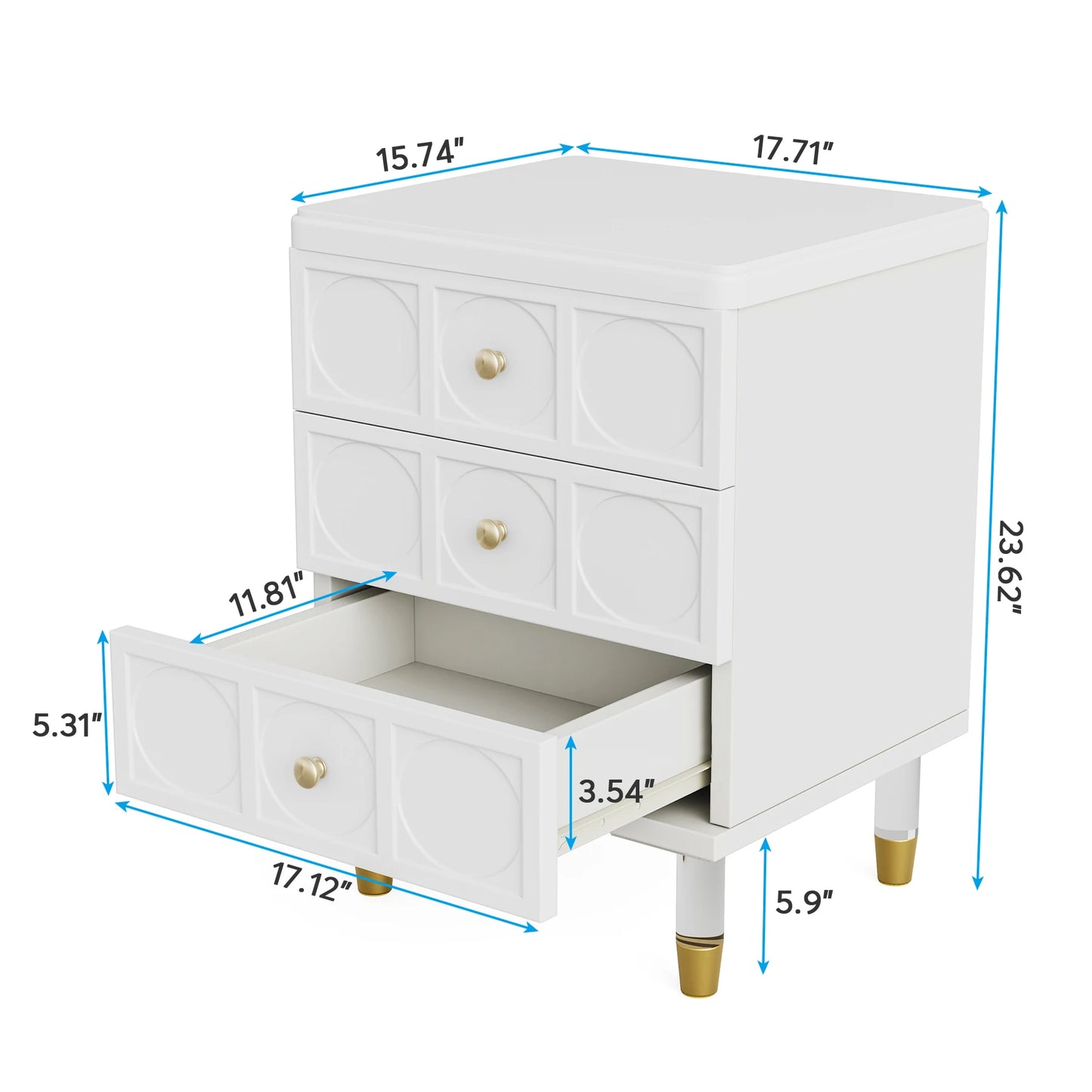 3 Drawer Nightstand Tall White and Gold W/Storage