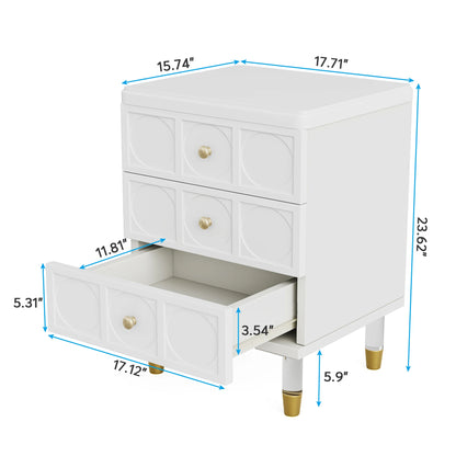3 Drawer Nightstand Tall White and Gold W/Storage