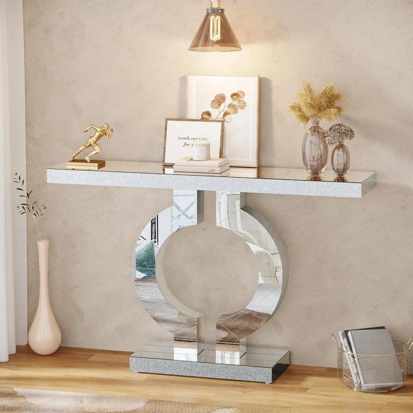 Mirrored Console Table w/O-Shaped Base